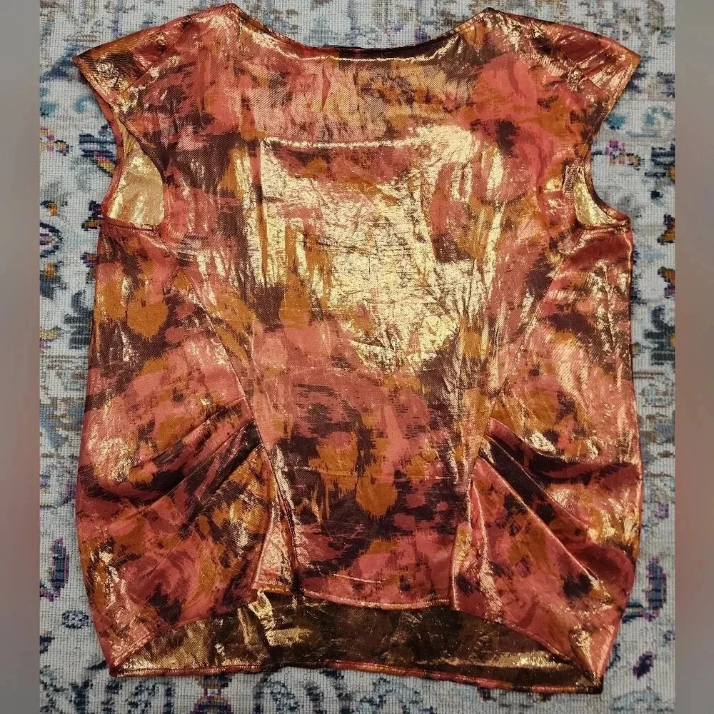 ETRO Womens Metallic Iridescent Golden Cap Sleeve Italian Lightweight Blouse Sm - Picture 6 of 12
